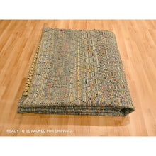 Load image into Gallery viewer, 7&#39;9&quot;x9&#39;10&quot; Ecru Brown, Striae Design Geometric Pattern, Textured Wool and Sari Silk, Hand Knotted, Oriental Rug FWR457134