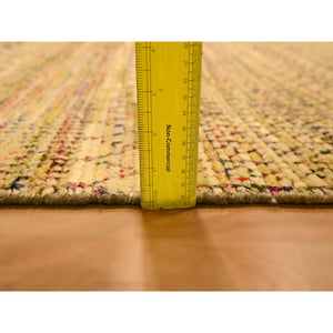 7'9"x9'10" Ecru Brown, Striae Design Geometric Pattern, Textured Wool and Sari Silk, Hand Knotted, Oriental Rug FWR457134