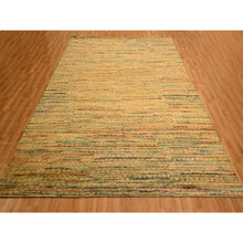 Load image into Gallery viewer, 8&#39;x10&#39;3&quot; Golden Yellow, Striae Design with Chicken Wire Pattern, Wool and Sari Silk, Hand Knotted, Oriental Rug FWR457140