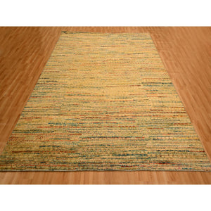 8'x10'3" Golden Yellow, Striae Design with Chicken Wire Pattern, Wool and Sari Silk, Hand Knotted, Oriental Rug FWR457140