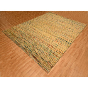 8'x10'3" Golden Yellow, Striae Design with Chicken Wire Pattern, Wool and Sari Silk, Hand Knotted, Oriental Rug FWR457140