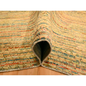 8'x10'3" Golden Yellow, Striae Design with Chicken Wire Pattern, Wool and Sari Silk, Hand Knotted, Oriental Rug FWR457140