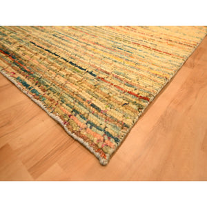 8'x10'3" Golden Yellow, Striae Design with Chicken Wire Pattern, Wool and Sari Silk, Hand Knotted, Oriental Rug FWR457140
