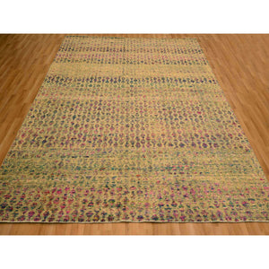 7'9"x10' Burlywood Brown, Colorful Diamond Motif, Natural Wool with Sari Silk, Textured Pile, Hand Knotted, Oriental Rug FWR457146