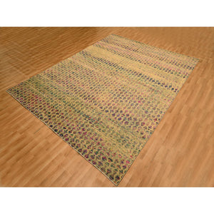 7'9"x10' Burlywood Brown, Colorful Diamond Motif, Natural Wool with Sari Silk, Textured Pile, Hand Knotted, Oriental Rug FWR457146