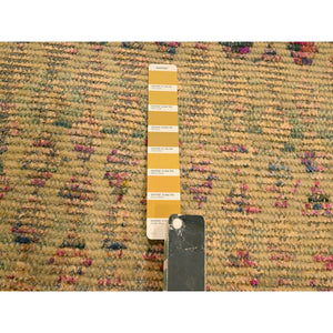 7'9"x10' Burlywood Brown, Colorful Diamond Motif, Natural Wool with Sari Silk, Textured Pile, Hand Knotted, Oriental Rug FWR457146