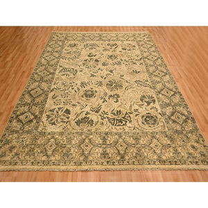 7'10"x9'9" Earth Tone Colors, All Over Leaf Design, Undyed Natural Wool, Zero Pile, Distressed, Shaved Low, Hand Knotted, Oriental Rug FWR457152
