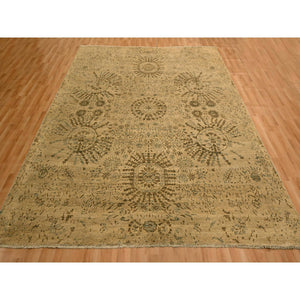 7'9"x10'1" Earth Tone Colors, Arts and Crafts Design, Undyed Natural Wool, Zero Pile, Distressed, Shaved Low, Hand Knotted, Oriental Rug FWR457158