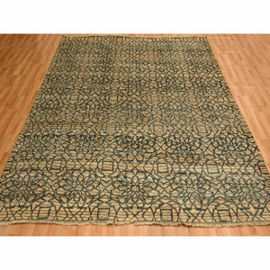 7'8"x8'7" Cafe Au Lait Brown, Geometric Flower Rosette Motif, Undyed Natural Wool, Tone on Tone, Hand Knotted, Squarish, Oriental Rug FWR457170