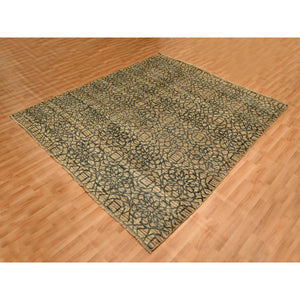 7'8"x8'7" Cafe Au Lait Brown, Geometric Flower Rosette Motif, Undyed Natural Wool, Tone on Tone, Hand Knotted, Squarish, Oriental Rug FWR457170