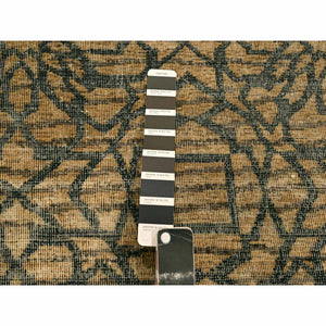7'8"x8'7" Cafe Au Lait Brown, Geometric Flower Rosette Motif, Undyed Natural Wool, Tone on Tone, Hand Knotted, Squarish, Oriental Rug FWR457170