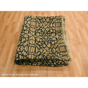 7'8"x8'7" Cafe Au Lait Brown, Geometric Flower Rosette Motif, Undyed Natural Wool, Tone on Tone, Hand Knotted, Squarish, Oriental Rug FWR457170