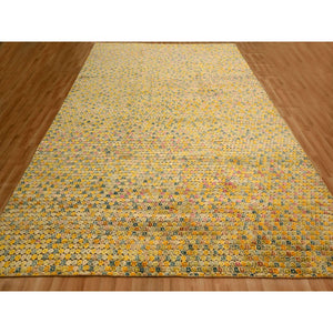 8'10"x12'2" Amber Gold, THE BUTTONS, Sari Silk, Hand Knotted, Soft to the Touch, Oriental Rug FWR457206