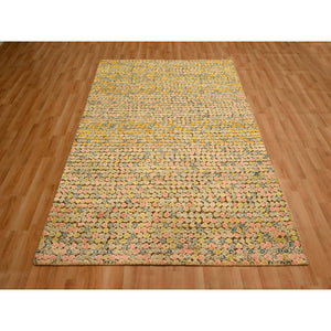 5'x7'7" Golden Yellow, THE BUTTONS, Sari Silk, Hand Knotted, Soft to the Touch, Oriental Rug FWR457212