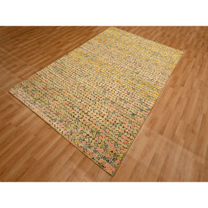 5'x7'7" Golden Yellow, THE BUTTONS, Sari Silk, Hand Knotted, Soft to the Touch, Oriental Rug FWR457212