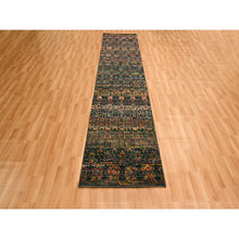Load image into Gallery viewer, 2&#39;6&quot;x11&#39; Caviar Black, Sari Silk and Wool, Geometric Pattern Combined with a Striae Design, Textured Pile, Hand Knotted, Runner, Oriental Rug FWR457236