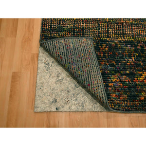 2'6"x11' Caviar Black, Sari Silk and Wool, Geometric Pattern Combined with a Striae Design, Textured Pile, Hand Knotted, Runner, Oriental Rug FWR457236