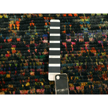 Load image into Gallery viewer, 2&#39;6&quot;x11&#39; Caviar Black, Sari Silk and Wool, Geometric Pattern Combined with a Striae Design, Textured Pile, Hand Knotted, Runner, Oriental Rug FWR457236