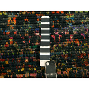 2'6"x11' Caviar Black, Sari Silk and Wool, Geometric Pattern Combined with a Striae Design, Textured Pile, Hand Knotted, Runner, Oriental Rug FWR457236