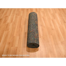 Load image into Gallery viewer, 2&#39;6&quot;x11&#39; Caviar Black, Sari Silk and Wool, Geometric Pattern Combined with a Striae Design, Textured Pile, Hand Knotted, Runner, Oriental Rug FWR457236