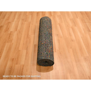 2'6"x11' Caviar Black, Sari Silk and Wool, Geometric Pattern Combined with a Striae Design, Textured Pile, Hand Knotted, Runner, Oriental Rug FWR457236