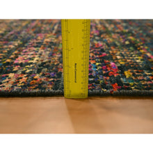 Load image into Gallery viewer, 2&#39;6&quot;x11&#39; Caviar Black, Sari Silk and Wool, Geometric Pattern Combined with a Striae Design, Textured Pile, Hand Knotted, Runner, Oriental Rug FWR457236