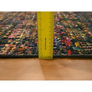 2'6"x11' Caviar Black, Sari Silk and Wool, Geometric Pattern Combined with a Striae Design, Textured Pile, Hand Knotted, Runner, Oriental Rug FWR457236