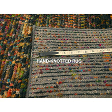 Load image into Gallery viewer, 2&#39;6&quot;x11&#39; Caviar Black, Sari Silk And Wool, Geometric Pattern Combined With A Striae Design, Textured Pile, Hand Knotted, Runner, Oriental Rug FWR457236