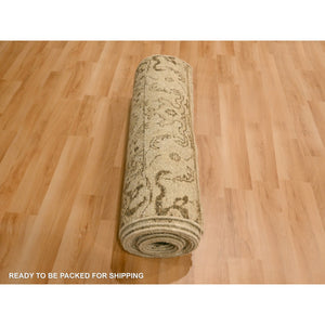 2'4"x20' Khaki Brown, Agra Medallion Design, Zero Pile, Distressed, Shaved Low, Hand Knotted, 100% Wool, XL Runner, Oriental Rug FWR457242