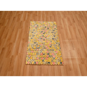 2'x3' Amber Gold, THE BUTTONS, Sari Silk, Hand Knotted, Soft to the Touch, Sample, Mat, Oriental Rug FWR457248