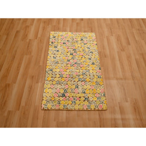 2'x3' Golden Yellow, THE BUTTONS, Sari Silk, Hand Knotted, Soft to the Touch, Sample, Mat, Oriental Rug FWR457254