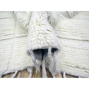 10'1"x14' Pearl White, Moroccan Weave With Grid Design, Solid, Textured Wool, Hand Knotted, Oriental Rug FWR457266