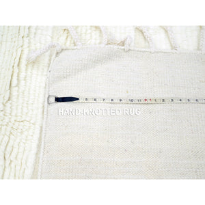 10'1"x14' Pearl White, Moroccan Weave With Grid Design, Solid, Textured Wool, Hand Knotted, Oriental Rug FWR457266