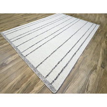 Load image into Gallery viewer, 10&#39;x14&#39; Papyrus White, Moroccan Weave With Line Design, Modern, Shabby Chic, Textured Pile, Natural Undyed Wool, Hand Knotted, Oriental Rug FWR457272