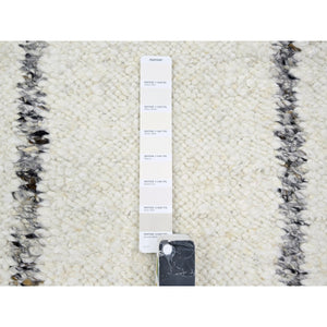 10'x14' Papyrus White, Moroccan Weave With Line Design, Modern, Shabby Chic, Textured Pile, Natural Undyed Wool, Hand Knotted, Oriental Rug FWR457272