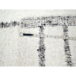 10'x14' Papyrus White, Moroccan Weave With Line Design, Modern, Shabby Chic, Textured Pile, Natural Undyed Wool, Hand Knotted, Oriental Rug FWR457272