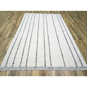 8'2"x10'2" Chiffon White, Moroccan Weave with Line Design, Modern, Textured Pile, Natural Undyed Wool, Hand Knotted, Shabby Chic, Oriental Rug FWR457302