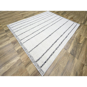 8'2"x10'2" Chiffon White, Moroccan Weave with Line Design, Modern, Textured Pile, Natural Undyed Wool, Hand Knotted, Shabby Chic, Oriental Rug FWR457302