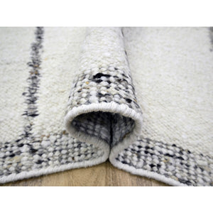 8'2"x10'2" Chiffon White, Moroccan Weave with Line Design, Modern, Textured Pile, Natural Undyed Wool, Hand Knotted, Shabby Chic, Oriental Rug FWR457302