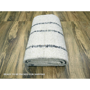8'2"x10'2" Chiffon White, Moroccan Weave with Line Design, Modern, Textured Pile, Natural Undyed Wool, Hand Knotted, Shabby Chic, Oriental Rug FWR457302