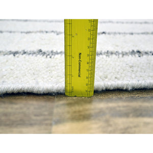 8'2"x10'2" Chiffon White, Moroccan Weave with Line Design, Modern, Textured Pile, Natural Undyed Wool, Hand Knotted, Shabby Chic, Oriental Rug FWR457302