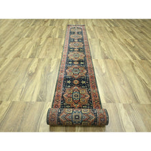 Load image into Gallery viewer, 2&#39;8&quot;x21&#39;8&quot; Midnight Blue, Heriz with Geometric Medallions Design, Natural Dyes, Hand Knotted, Soft Pile, Hand Spun New Zealand Wool, XL Runner, Oriental Rug FWR457392