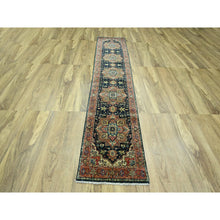 Load image into Gallery viewer, 2&#39;6&quot;x11&#39;5&quot; Navy Blue, Heriz With Geometric Medallions Design, Natural Dyes, Hand Knotted, Soft Pile, Hand Spun New Zealand Wool, Runner, Oriental Rug FWR457416