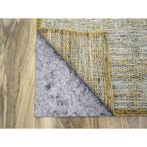 6'1"x9'1" Daisy White With Golden Yellow, Hand Knotted, Oxidized And Distressed Grass Design With Exposed Warps, Pure Wool, Oriental Rug FWR457464