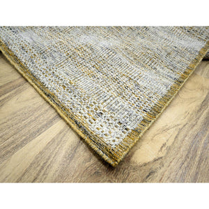 6'1"x9'1" Daisy White With Golden Yellow, Hand Knotted, Oxidized And Distressed Grass Design With Exposed Warps, Pure Wool, Oriental Rug FWR457464