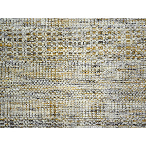 6'1"x9'1" Daisy White With Golden Yellow, Hand Knotted, Oxidized And Distressed Grass Design With Exposed Warps, Pure Wool, Oriental Rug FWR457464