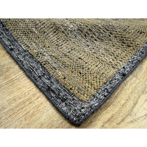 6'x9'2" Bone Brown With Charcoal Black, Oxidized And Distressed Grass Design With Exposed Warps, 100% Wool, Hand Knotted, Oriental Rug FWR457476