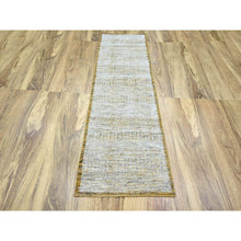 Load image into Gallery viewer, 2&#39;7&quot;x8&#39;2&quot; Snow White With Golden Yellow, Hand Knotted, Oxidized And Distressed Grass Design With Exposed Warps, 100% Wool, Runner, Oriental Rug FWR457482