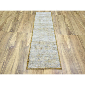2'7"x8'2" Snow White With Golden Yellow, Hand Knotted, Oxidized And Distressed Grass Design With Exposed Warps, 100% Wool, Runner, Oriental Rug FWR457482