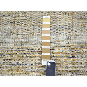 2'7"x8'2" Snow White With Golden Yellow, Hand Knotted, Oxidized And Distressed Grass Design With Exposed Warps, 100% Wool, Runner, Oriental Rug FWR457482